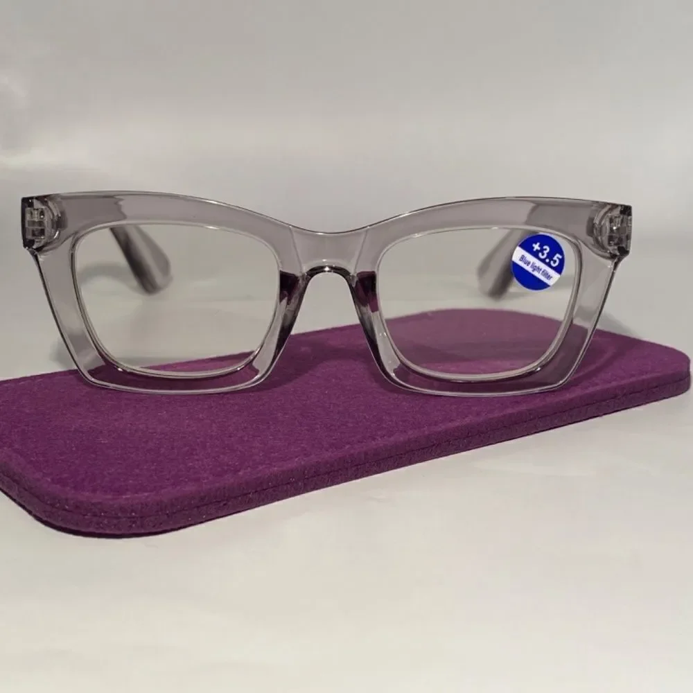 1148 Gretchen Reading Glasses 3.5 Sq Eyeglasses Clear Grey Frames NWT